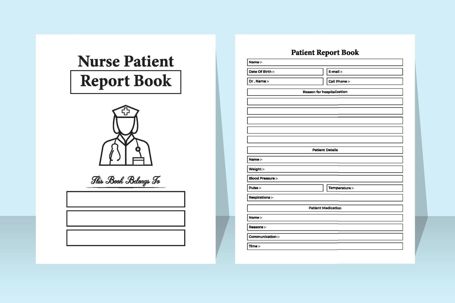 Nurse daily patient report tracker interior. Patient hospital essentials tracker and medication journal interior. Interior of a notebook. Nurse patient report and contact info tracker template. vector