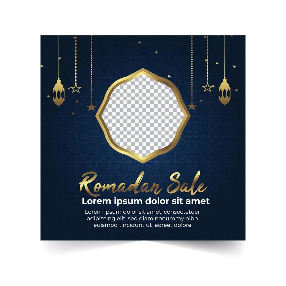 anuncio de banners de plantilla de publicación de redes sociales de venta de ramadán, ilustración editable, mes sagrado islámico de banner de venta de ramadán con linternas doradas iluminadas y ventana en un fondo azul oscuro. vector