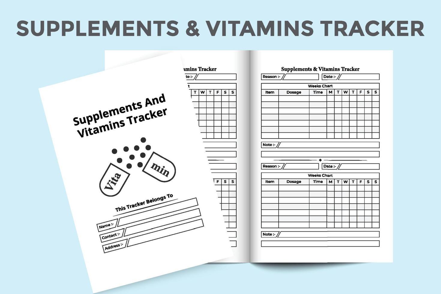 Supplement and vitamin journal template interior. Regular vitamin dose information and medicine list tracker template. Interior of a logbook. Supplement and vitamin information tracker interior. vector