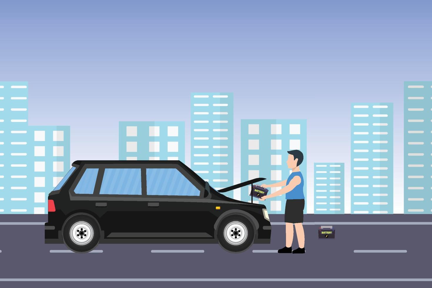 A man replacing the car battery on an urban road vector. Flat boy character repairing car parts on open road concept. Mechanic replacing a car battery, Urban buildings concept vector. vector