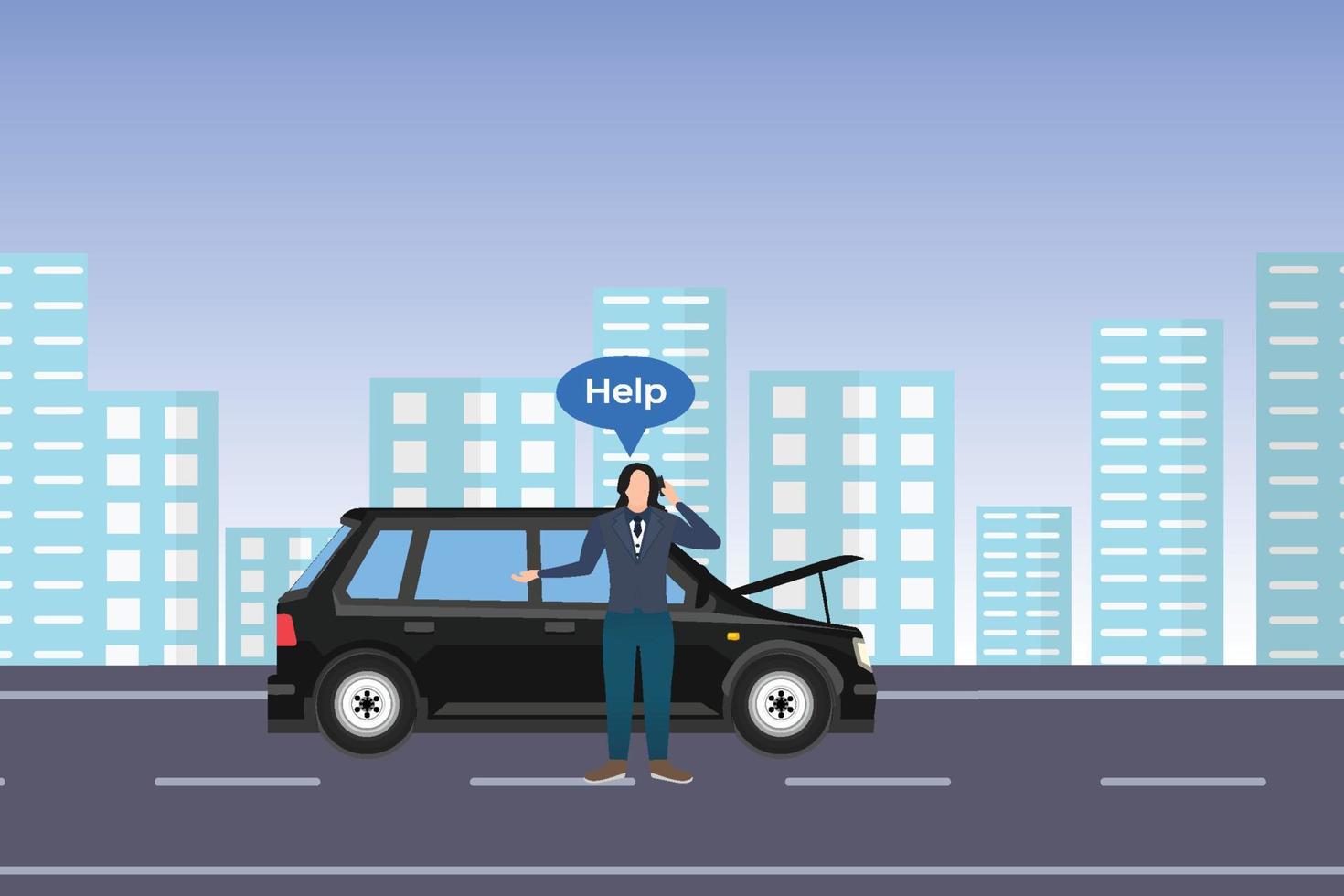 A man wearing a suit, asking for help on his mobile for a broken car. A car broke middle of an urban road and the businessman asked for help. A black car with a long-haired man flat character design. vector