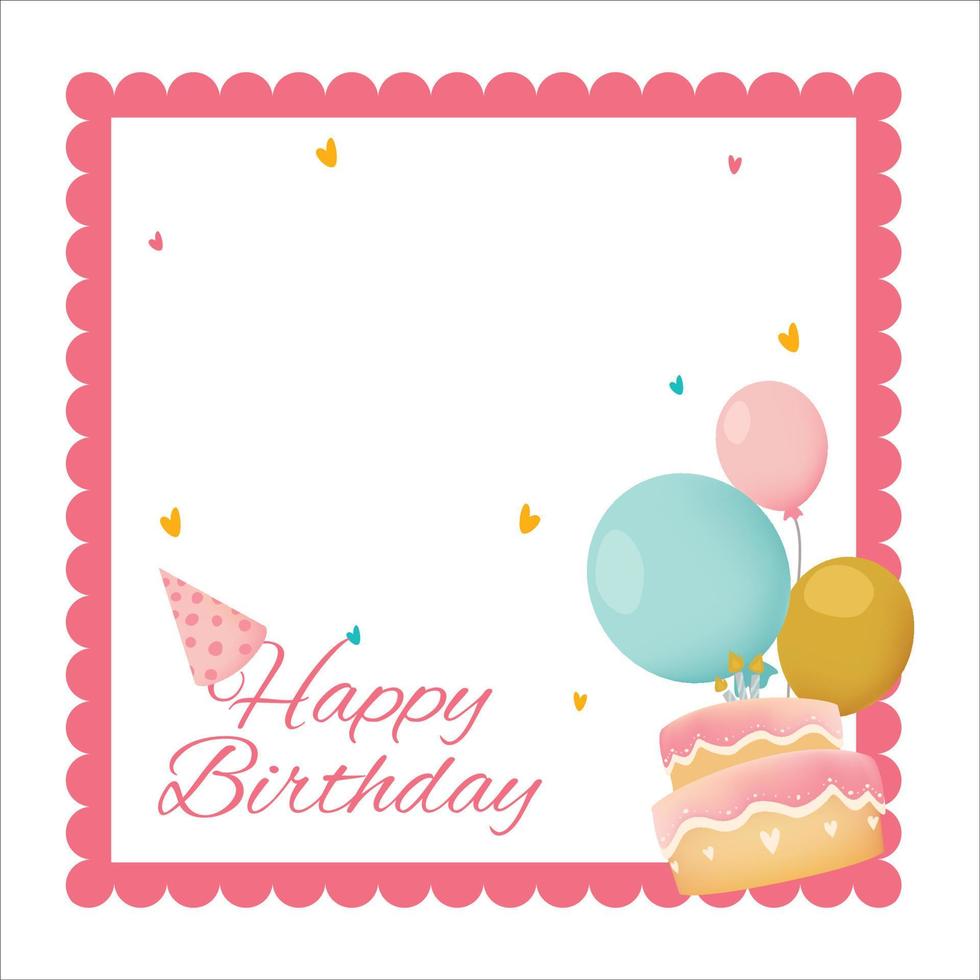 marco rosa de feliz cumpleaños, felicidad, efecto de texto de feliz cumpleaños, ilustración vectorial de cumpleaños sobre fondo blanco, marco de fiesta, regalos de cumpleaños, elementos de fiesta, pasteles de cumpleaños, pancarta, gorra de fiesta. vector
