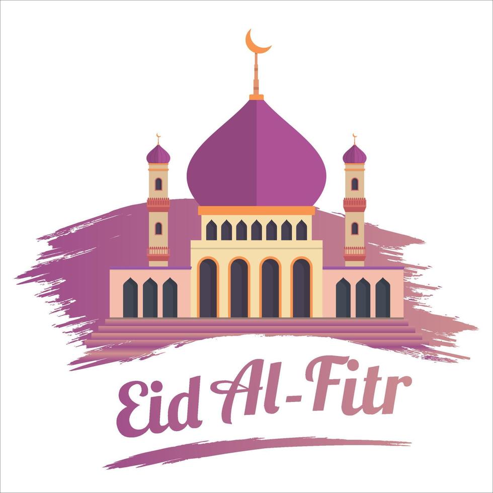 Stylish Eid Al-Fitr Mubarak with golden text effect, Holy festival of muslim, muslim mosque inside brush stroke, Multicolor shade, purple, vector illustration of mosque, Brush stroke.