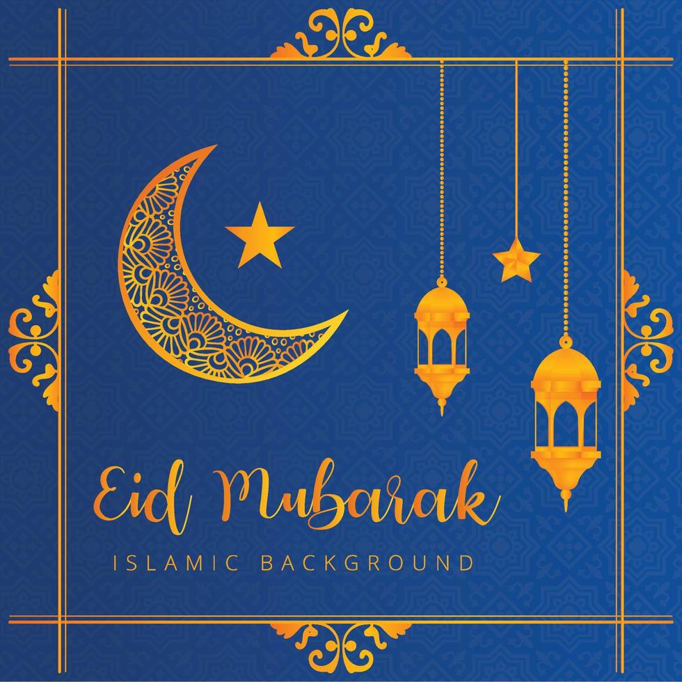 diseño vectorial de eid mubarak, efecto de texto dorado de eid mubarak, tono dorado sobre fondo azul, lámparas árabes, fondo islámico, tarjetas de felicitación del festival eid islámico, luna de eid mubarak con estrella, vector
