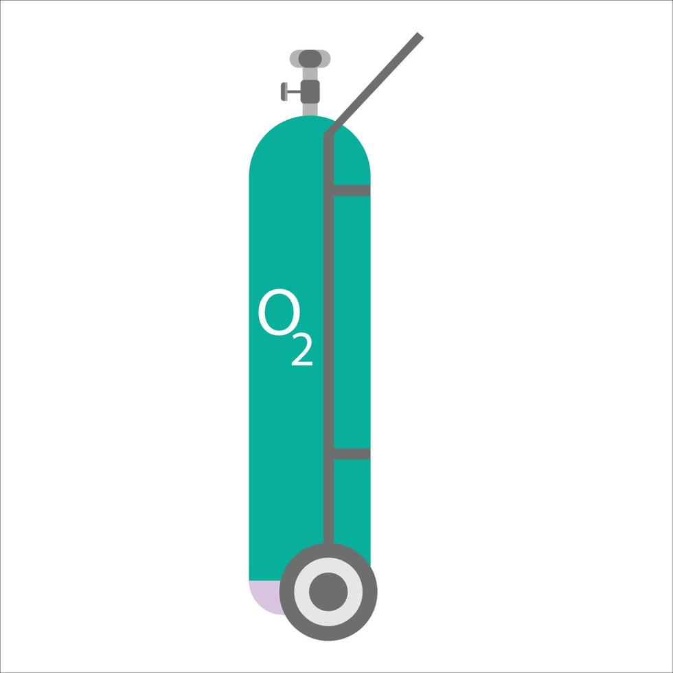 cilindro de oxígeno verde con ilustración vectorial de camilla sobre fondo blanco, tanque de oxígeno de color verde para la pandemia del coronavirus, tanque lleno de gas natural o2 por necesidad médica. vector