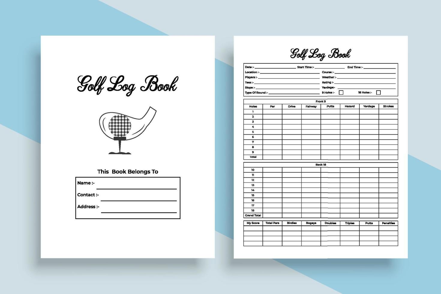 Golf log book interior. Golf game score tracker and cart information checker template. Interior of a notebook. Golf total score calculator and location info recorder notebook interior. vector