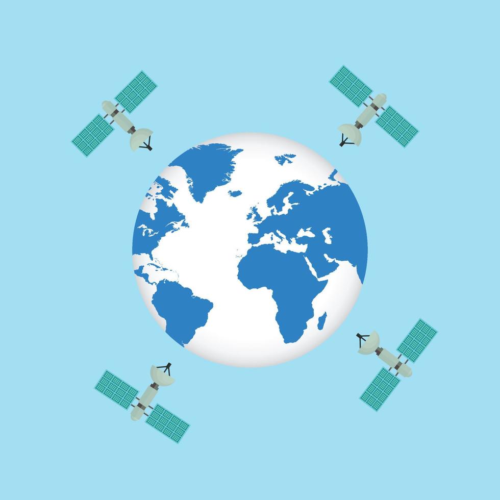 Satellite around world globe vector. Satellites are running around the world concept. Communication satellite flying orbital spaceflight around the earth. A space station with solar panels. vector