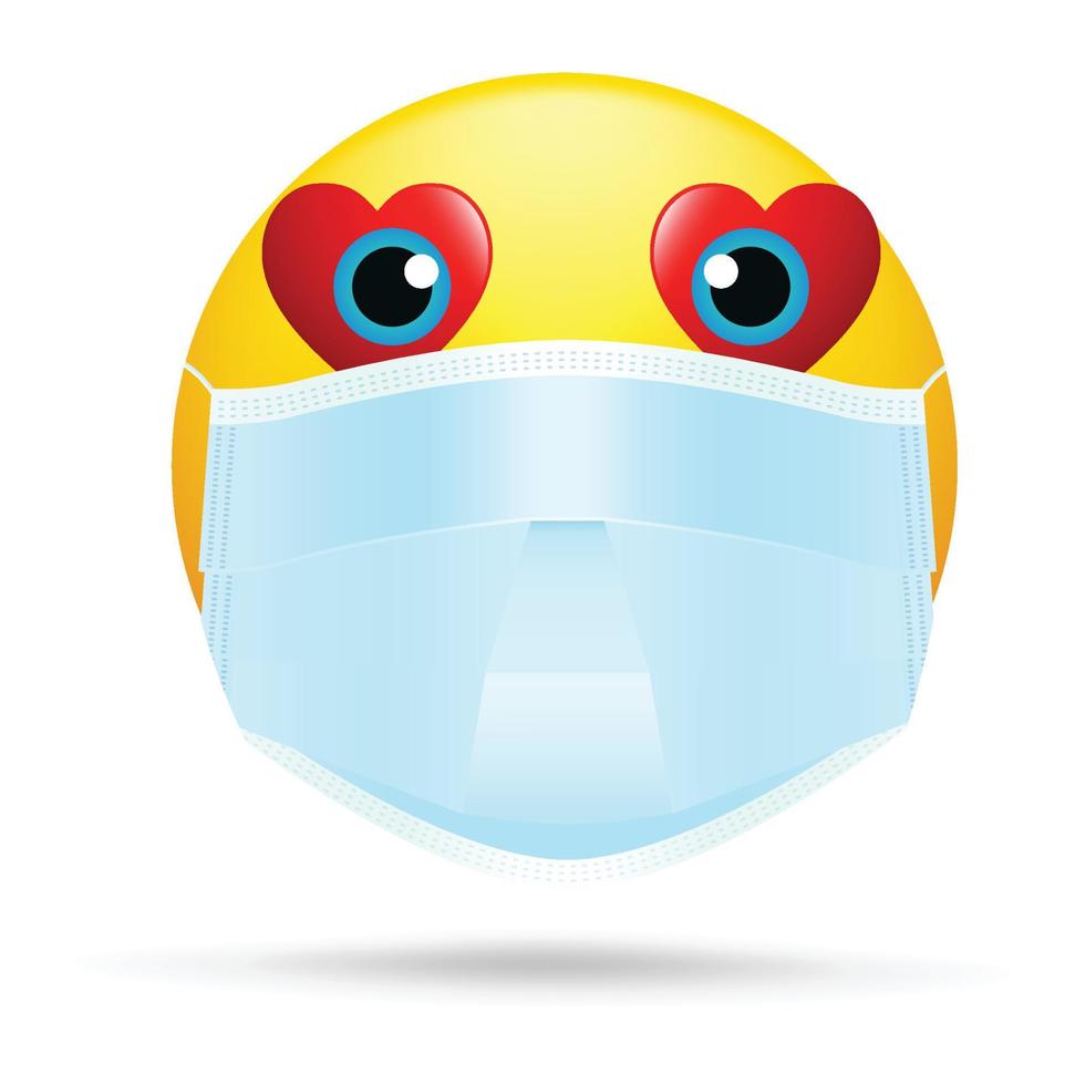 Emoji with mouth mask - yellow face with open eyes wearing a white surgical mask, Emoji wearing a face mask, yellow emoji with face mask vector