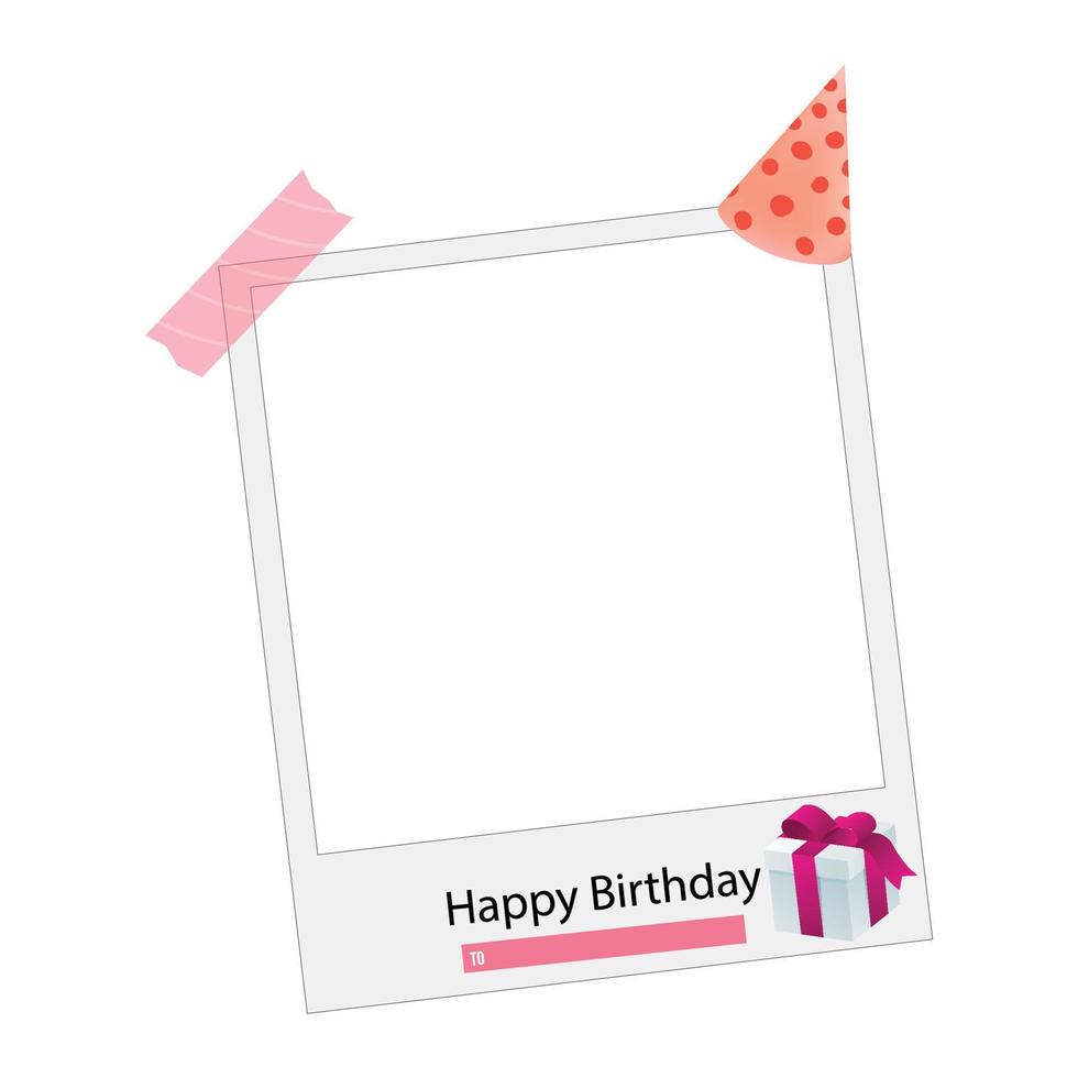 Happy Birthday Photo frame vector illustration on white background, Happy Birthday celebration, Simple Party Elements, Photo Frame, Party Banner, Cupcake, Gifts, Birthday Cake.