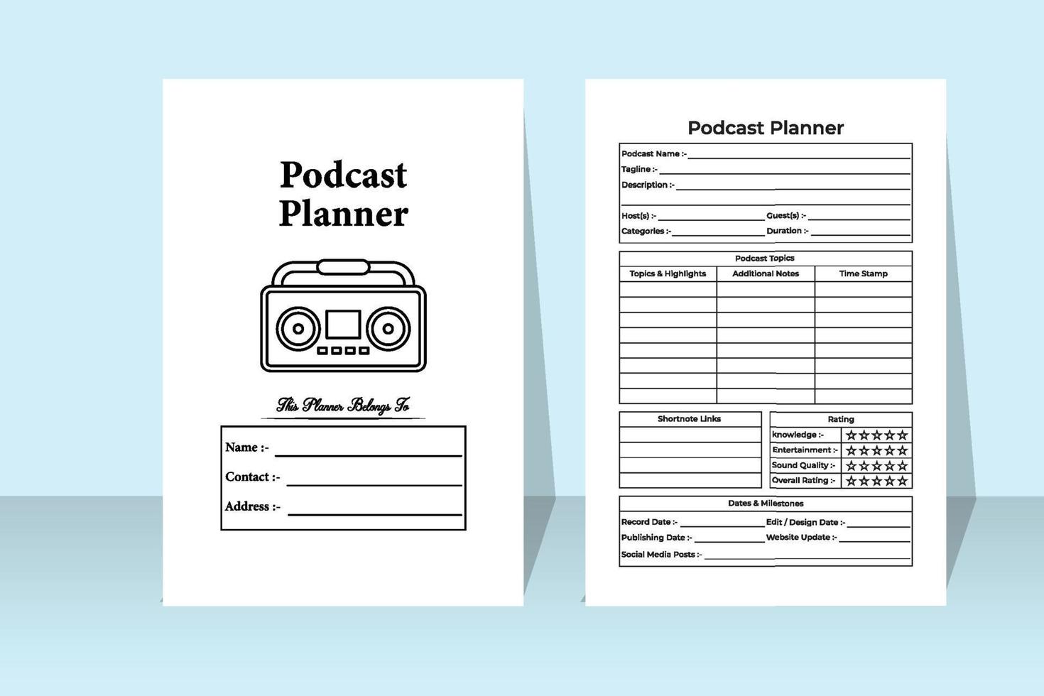 Podcast info tracker interior. Podcast regular topic planner and sponsor list checker template. Interior of a notebook. Radio station regular activity tracker and guest information notebook. vector