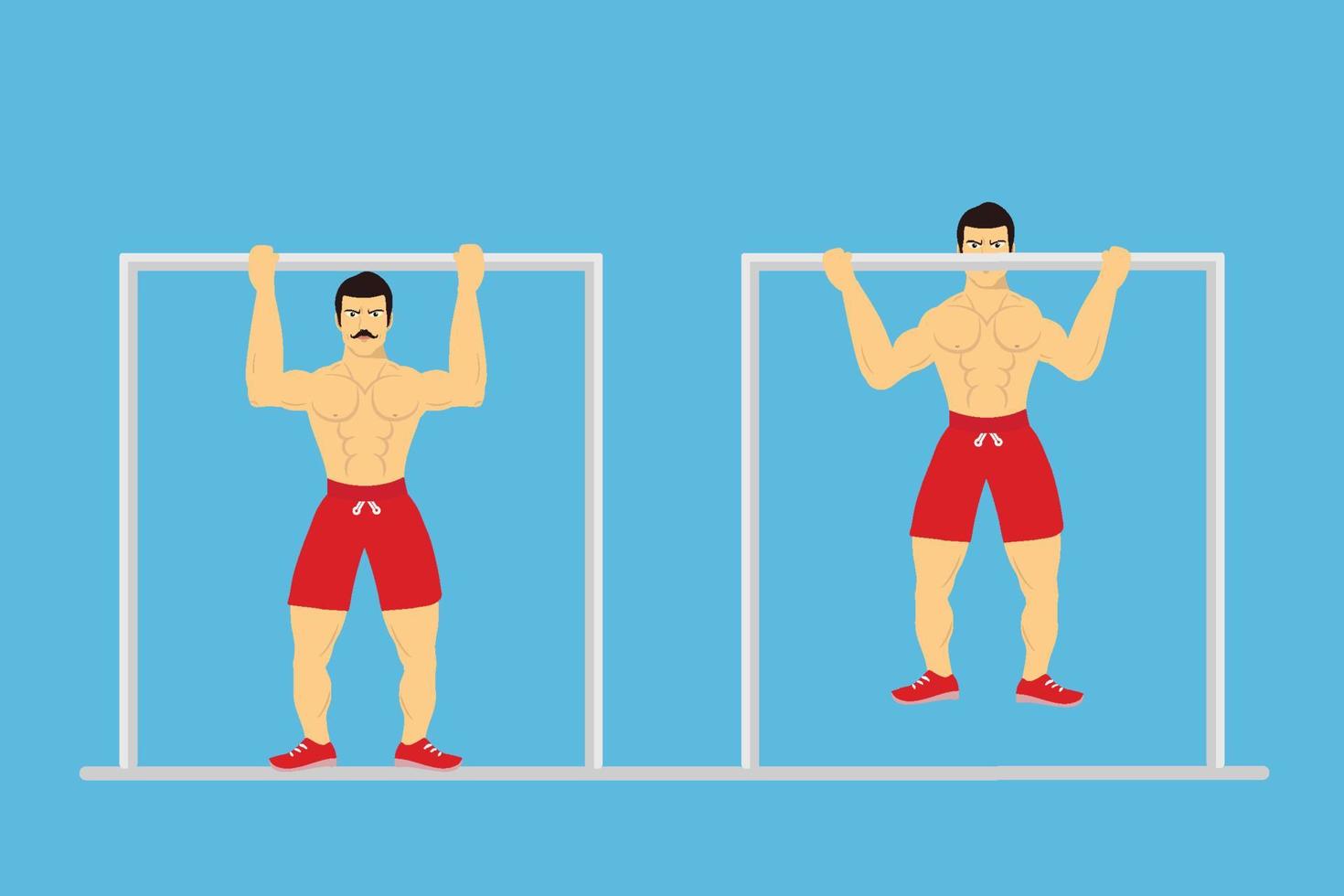 Muscular man doing pull-up exercise to gain strength concept. Bodybuilder with a mustache, doing pull-ups vector. Angry muscle man wearing red boxer pants and doing daily exercises. vector