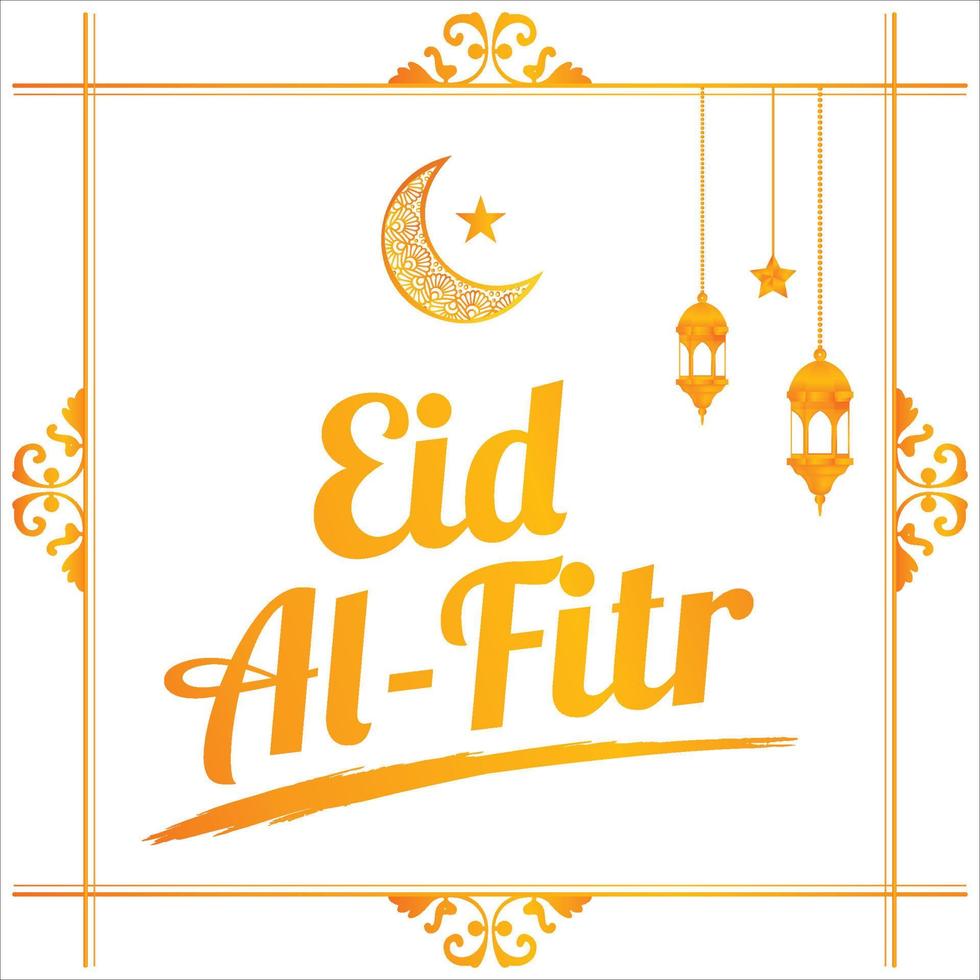 Eid Al-Fitr Golden text effect on White background, Muslim Festival Eid Al-Fitr beautiful Text effect, Eid Al-Fitr, Golden, White,  Elements, Muslim Mosque, Golden Moon and Star, Golden Lamp. vector
