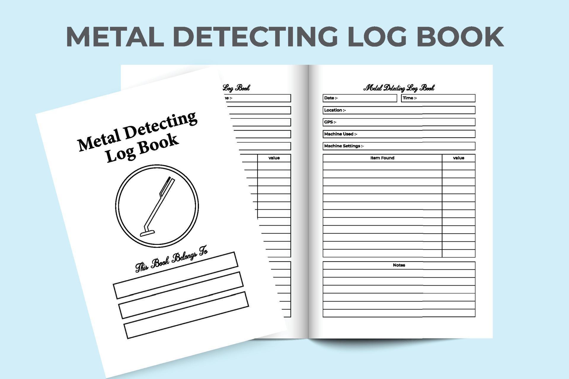 Metal detecting log book interior. Metal detector work information and