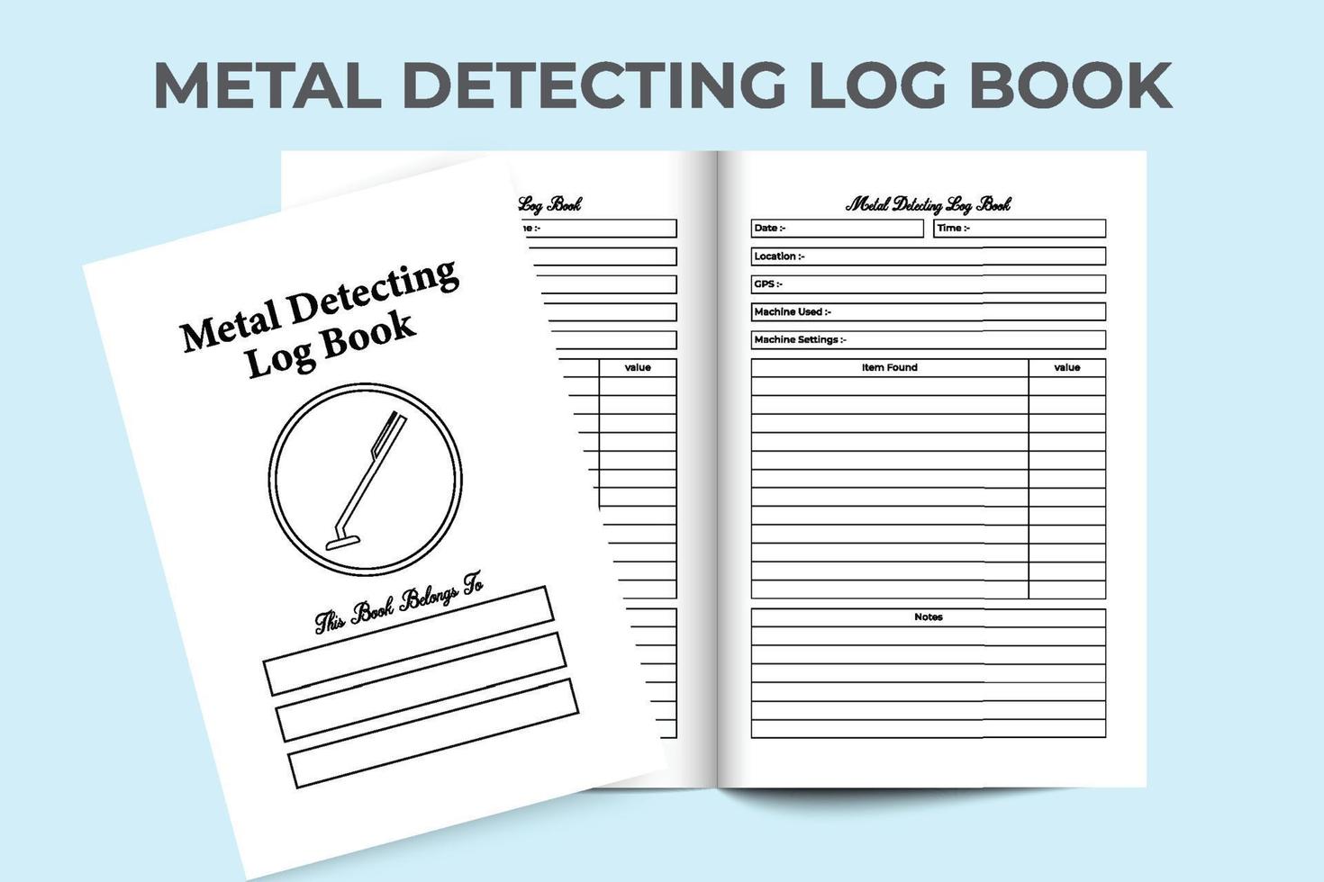 interior del libro de registro de detección de metales. información de trabajo del detector de metales y plantilla de cuaderno de descripción de artículos. Interior de un diario. máquina de detección de metales e interior del rastreador de información de excavación. vector