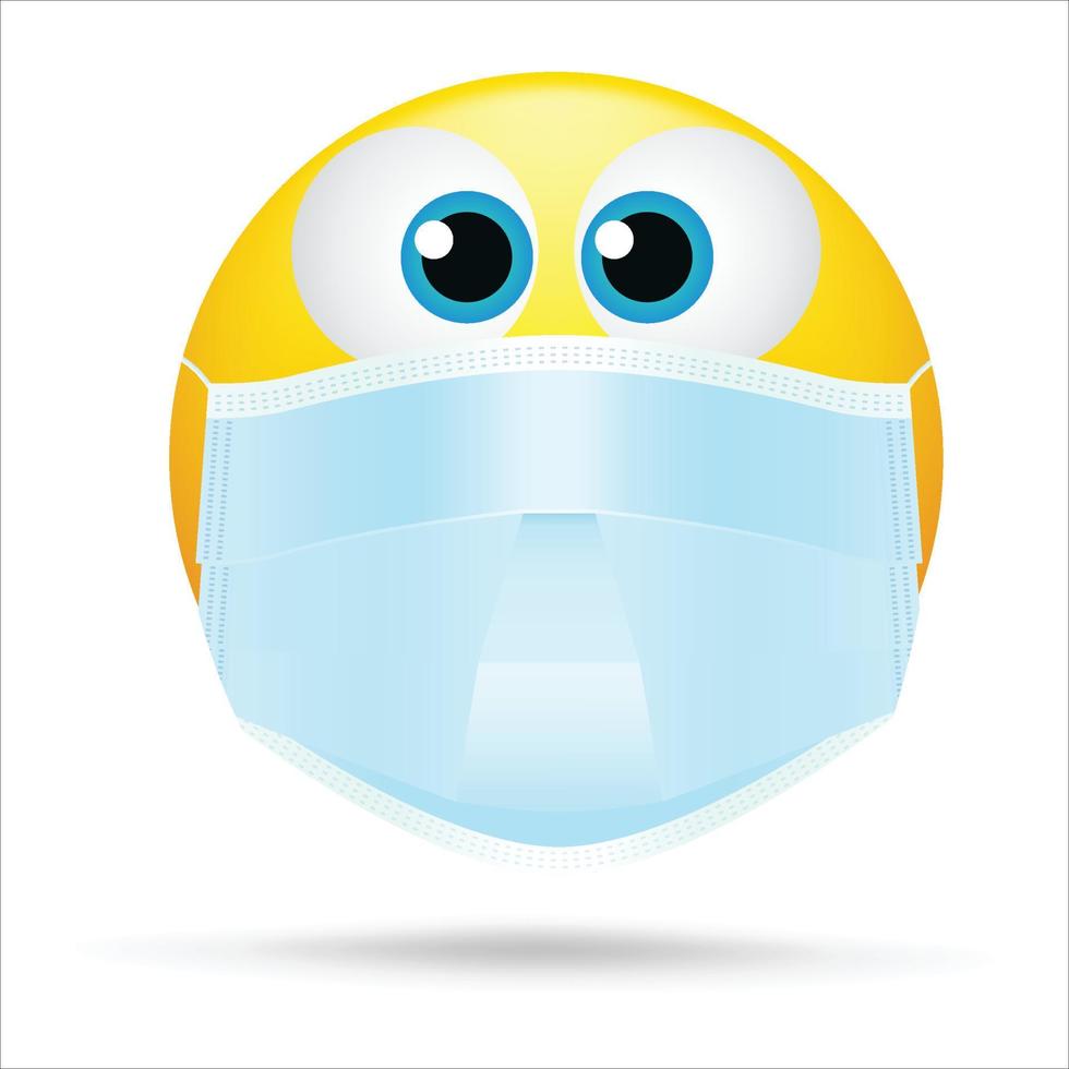 emoji con mascarilla bucal: cara amarilla con los ojos abiertos con una mascarilla quirúrgica blanca, emoji con mascarilla, emoji amarillo con mascarilla vector