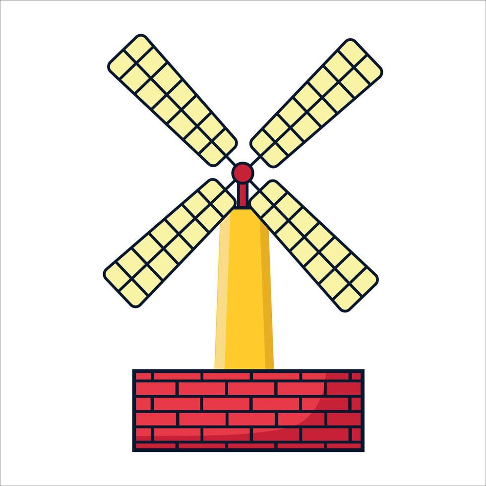 Mill icon in flat style. Mechanism grinding flour symbol illustration, Windmill. Brick mill. Icon mill. Simple, flat style. Graphic vector illustration.