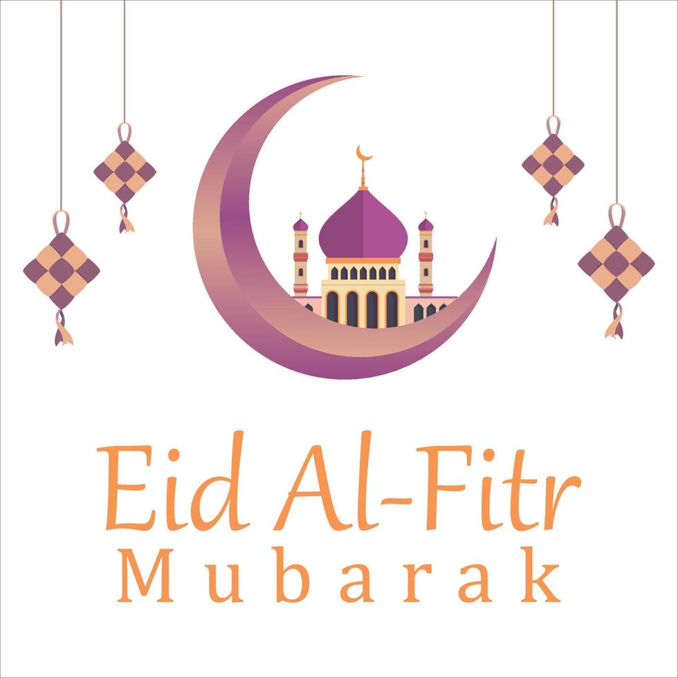 Eid Al-Fitr Mubarak with golden text effect, Holy festival of muslim, muslim mosque, Multicolor shade, purple, vector illustration of mosque, Kites hanging, moon.