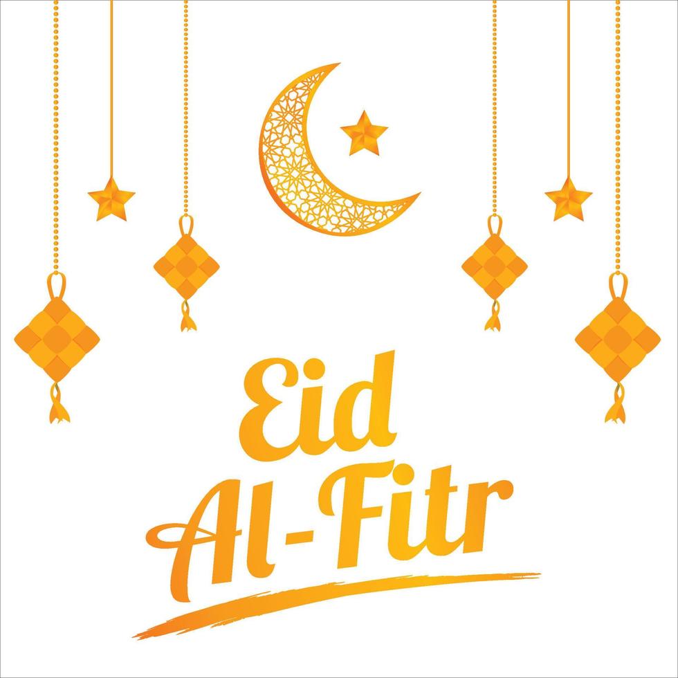 Eid Al-Fitr Golden text effect on White background, Muslim Festival Eid Al-Fitr beautiful Text effect, Eid Al-Fitr, Golden, White,  Elements, Muslim Mosque, Kites, Golden Moon and star. vector