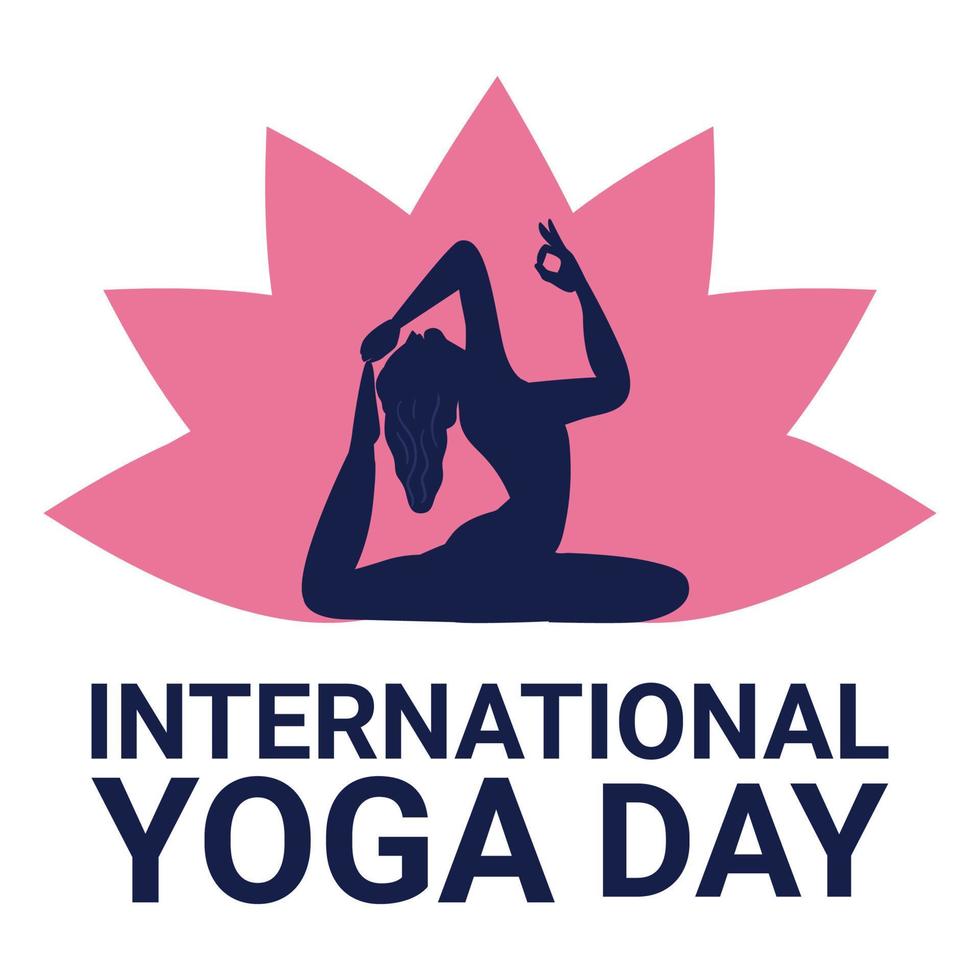 Happy yoga day vector illustration with dark blue text effect in round shape, dark blue, woman doing yoga, lady, woman, yoga position, international yoga day special, text effect. pink lotus.