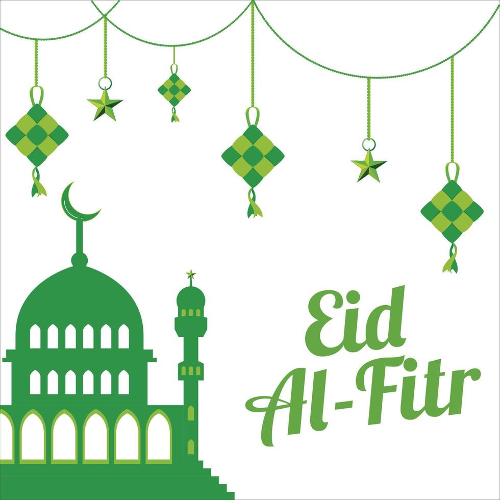 hermoso efecto de texto verde eid al-fitr mubarak sobre fondo blanco, festival musulmán eid al-fitr hermoso efecto de texto, eid al-fitr, verde, mezquita verde musulmana, luna, cometas. vector