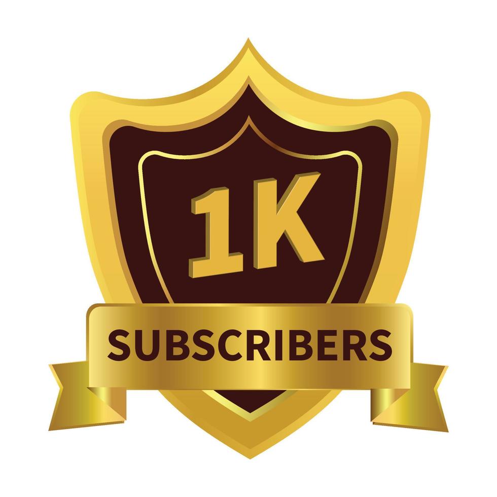 Luxurious 1K Subscribers celebration badge with golden ribbon and dark color shade vector illustration on a white background, 1K subscriber celebration with golden subscriber badge.