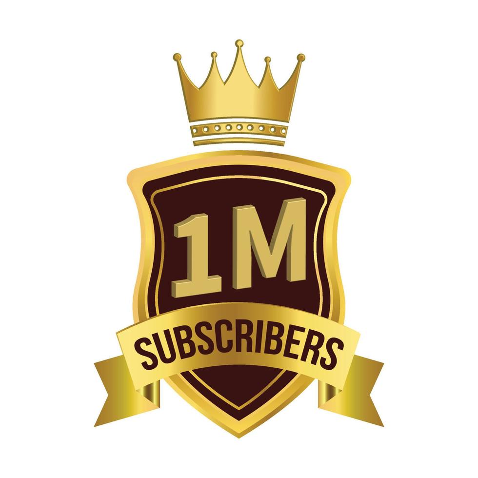 luxury 1 million subscriber celebration badge with golden color king crown and ribbon, Dark and golden color shade with king crown and ribbon, 1 million subscriber special golden badge. vector