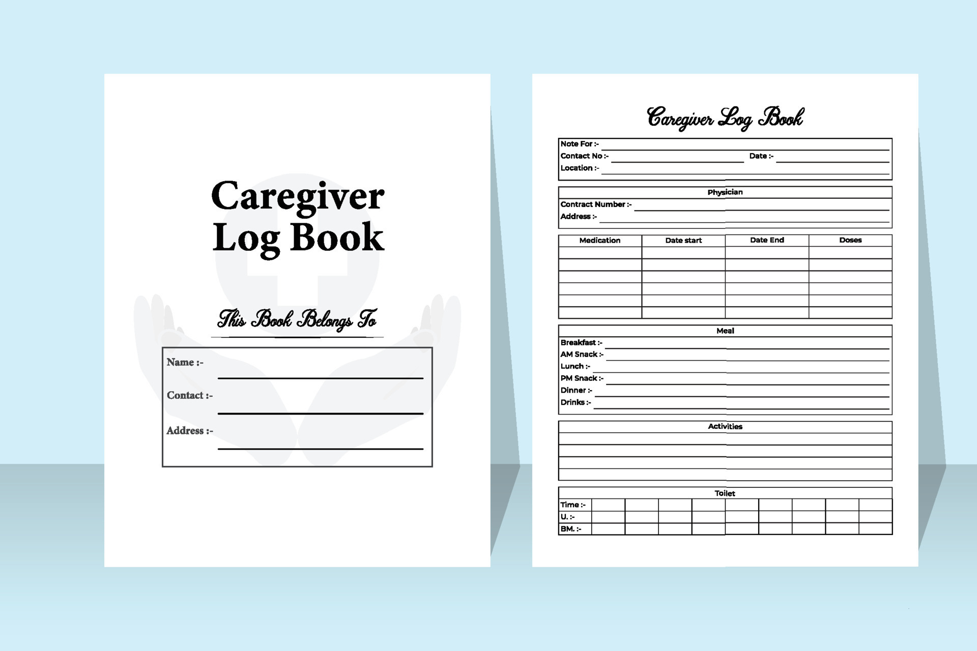 Caregiver log book interior caretaker information tracker and patient