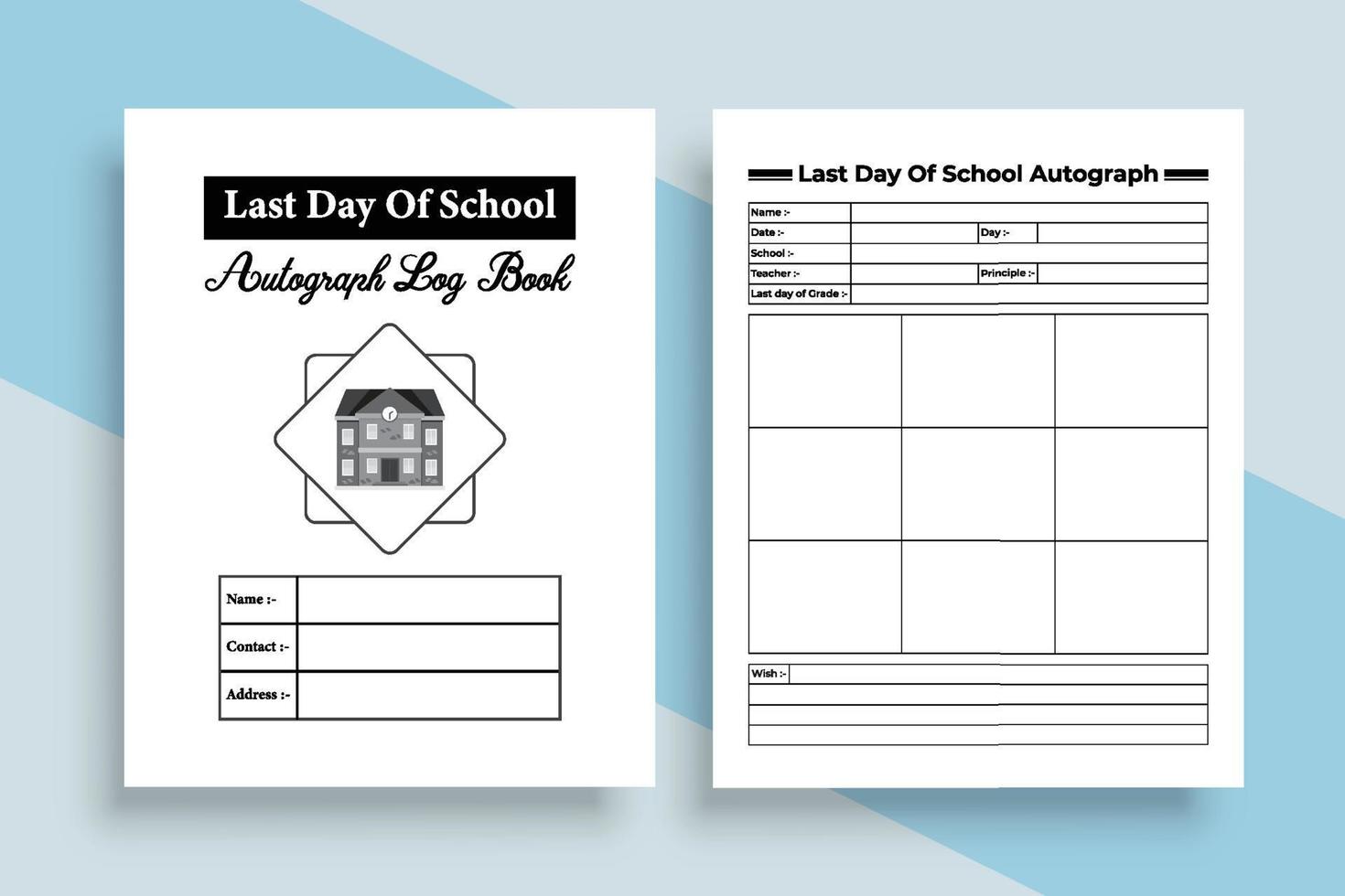 Last day of school, autograph and message notebook interior. School last day celebration info recorder and teachers autograph collector journal template. Interior of a logbook. Autograph log book. vector