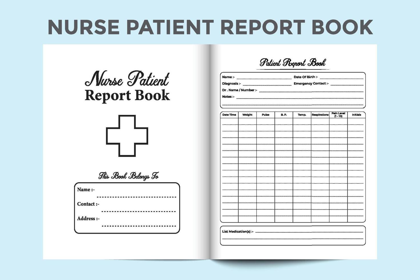 Nurse patient report notebook interior. Daily medical information