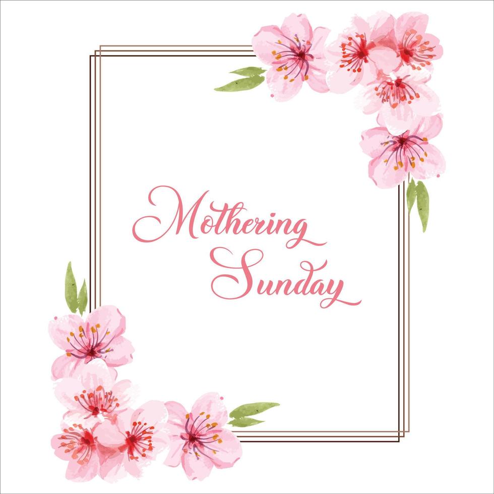 Mothering Sunday banner with cherry blossoms. Pink flowers over blue painted stripes on white. Mothering Sunday greeting card template, rectangular frame border with calligraphic text vector