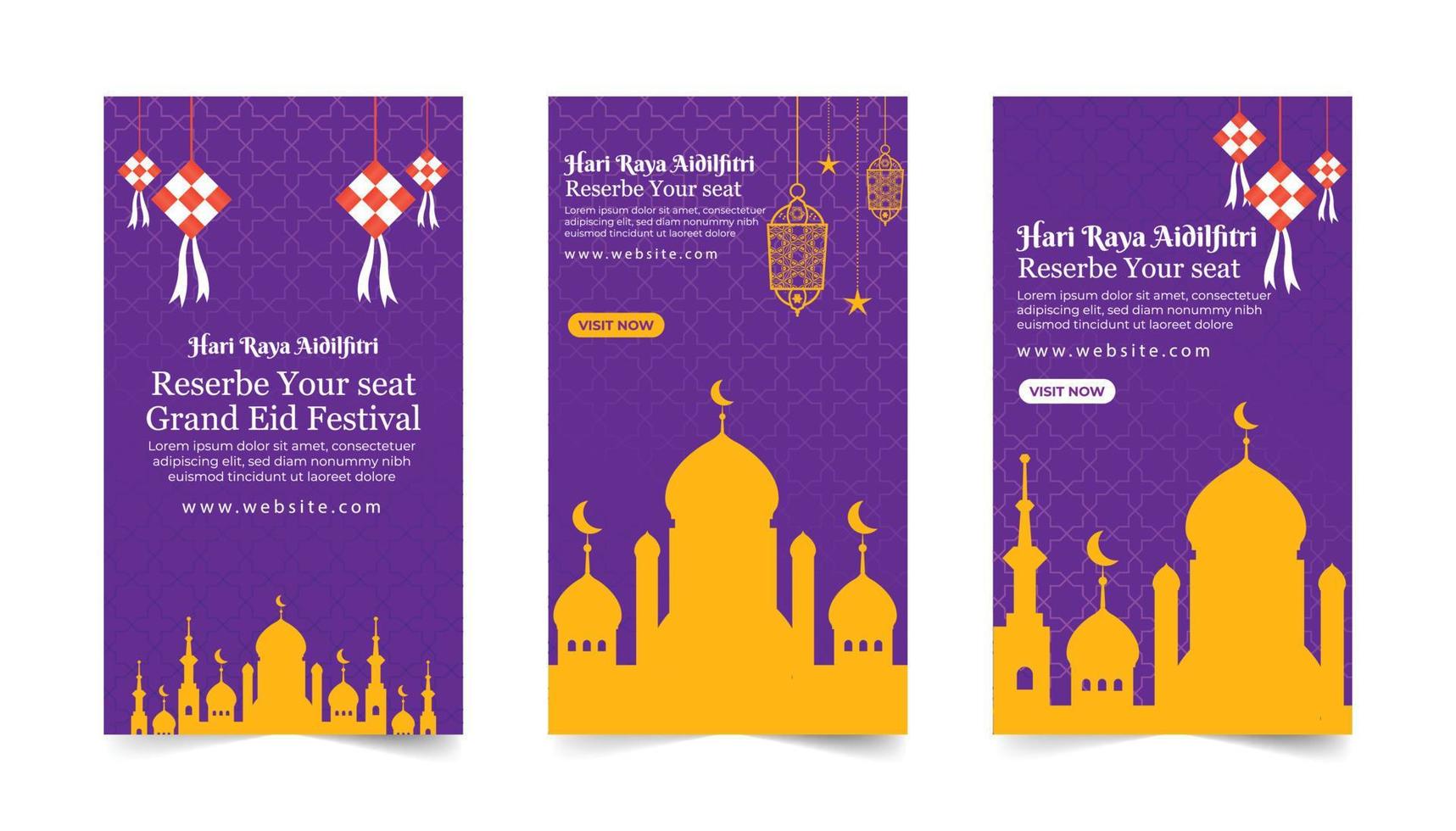 colección de plantillas de historias de instagram islámicas de eid al-fitr, historia de instagram de ramadán, banner con color amarillo y morado vector
