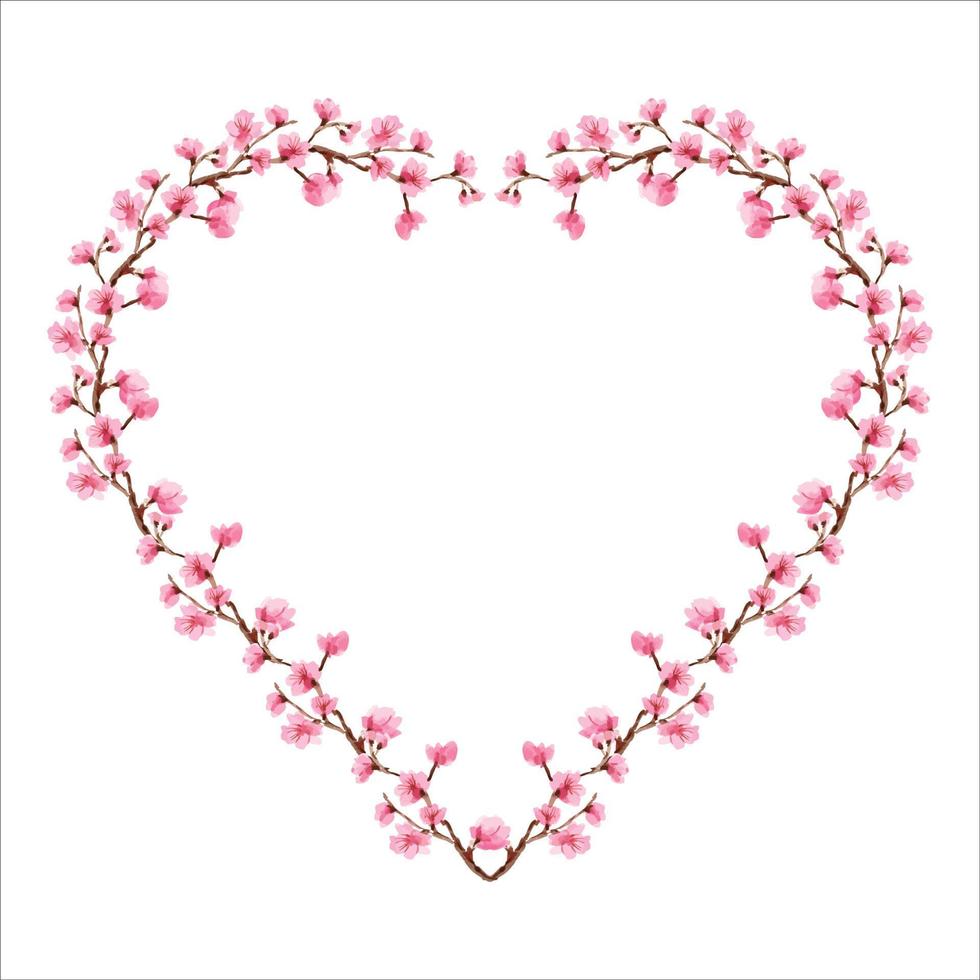 cherry blossom  Floral greeting card and invitation template for wedding or birthday anniversary, Vector heart shape of text box label and frame, Sakura flowers wreath ivy style with branch