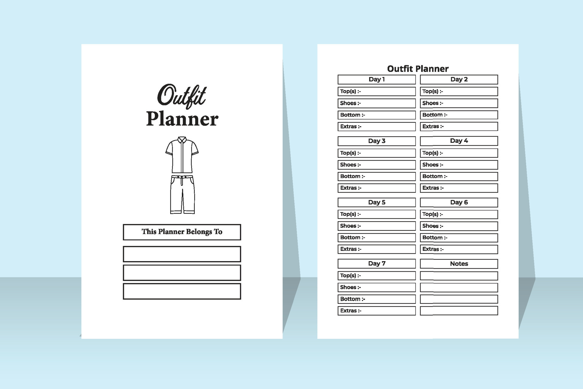Outfit planner notebook interior. Daily fashion wear planning and cloth