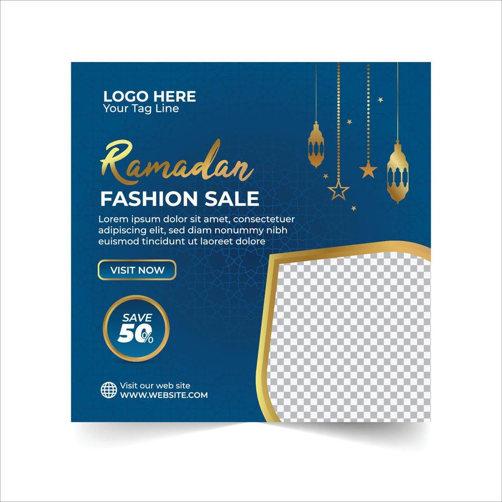 Ramadan sale social media post template banners ad, Editable illustration, Islamic Holy Month of Ramadan Sale Banner with Illuminated Golden Lanterns in a Blue Background. vector