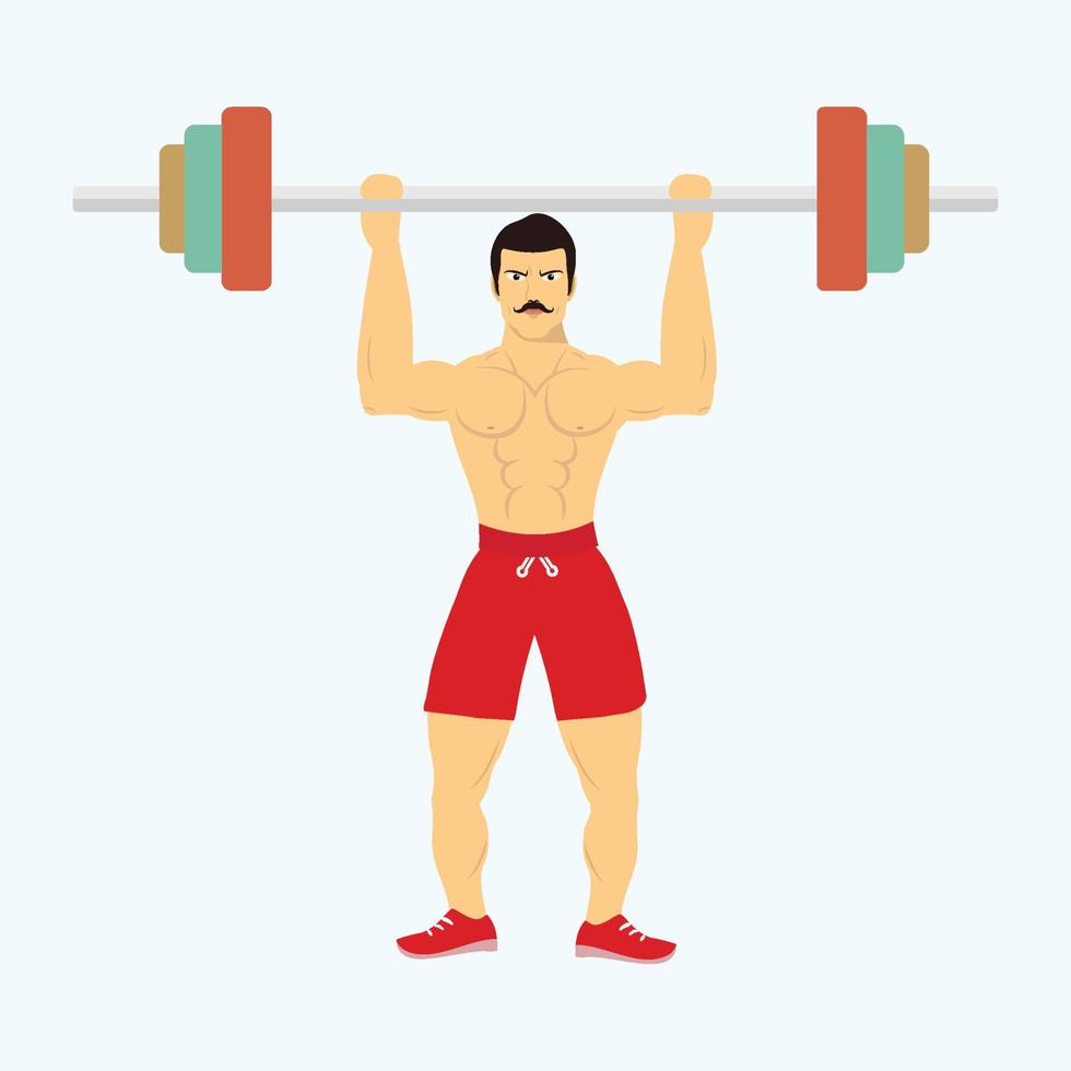 levantador de pesas atlético hombre levantando una barra con vector de cara enojada. hombre musculoso con bigote levantando pesas y mostrando cuerpo, diseño de personajes planos. hombre musculoso con vector de pantalón de boxeador rojo.