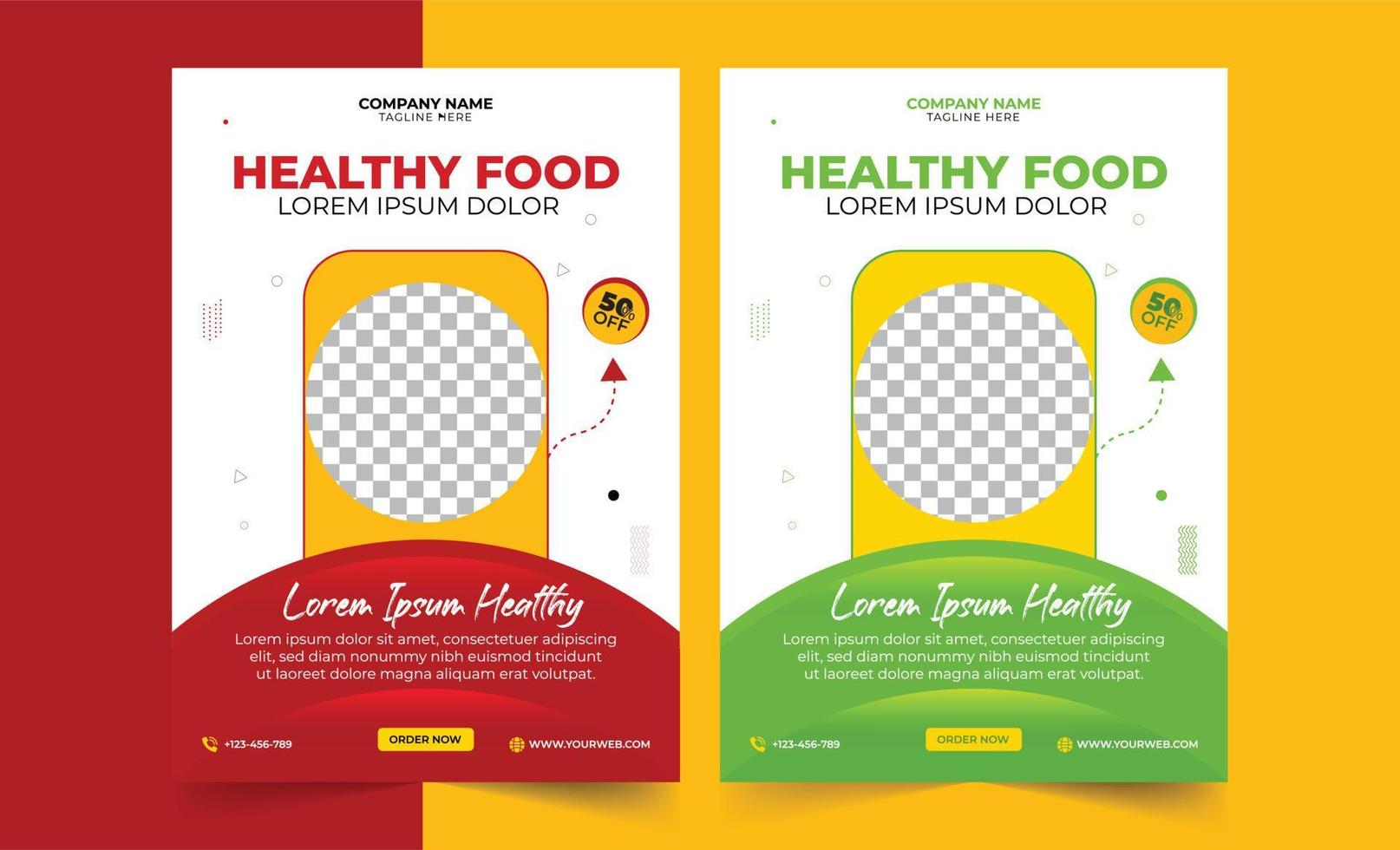 Healthy food restaurant poster, restaurant menu, brochure, flyer design templates in A4 size. Vector illustrations for food and drink marketing material, ads, natural products presentation temp