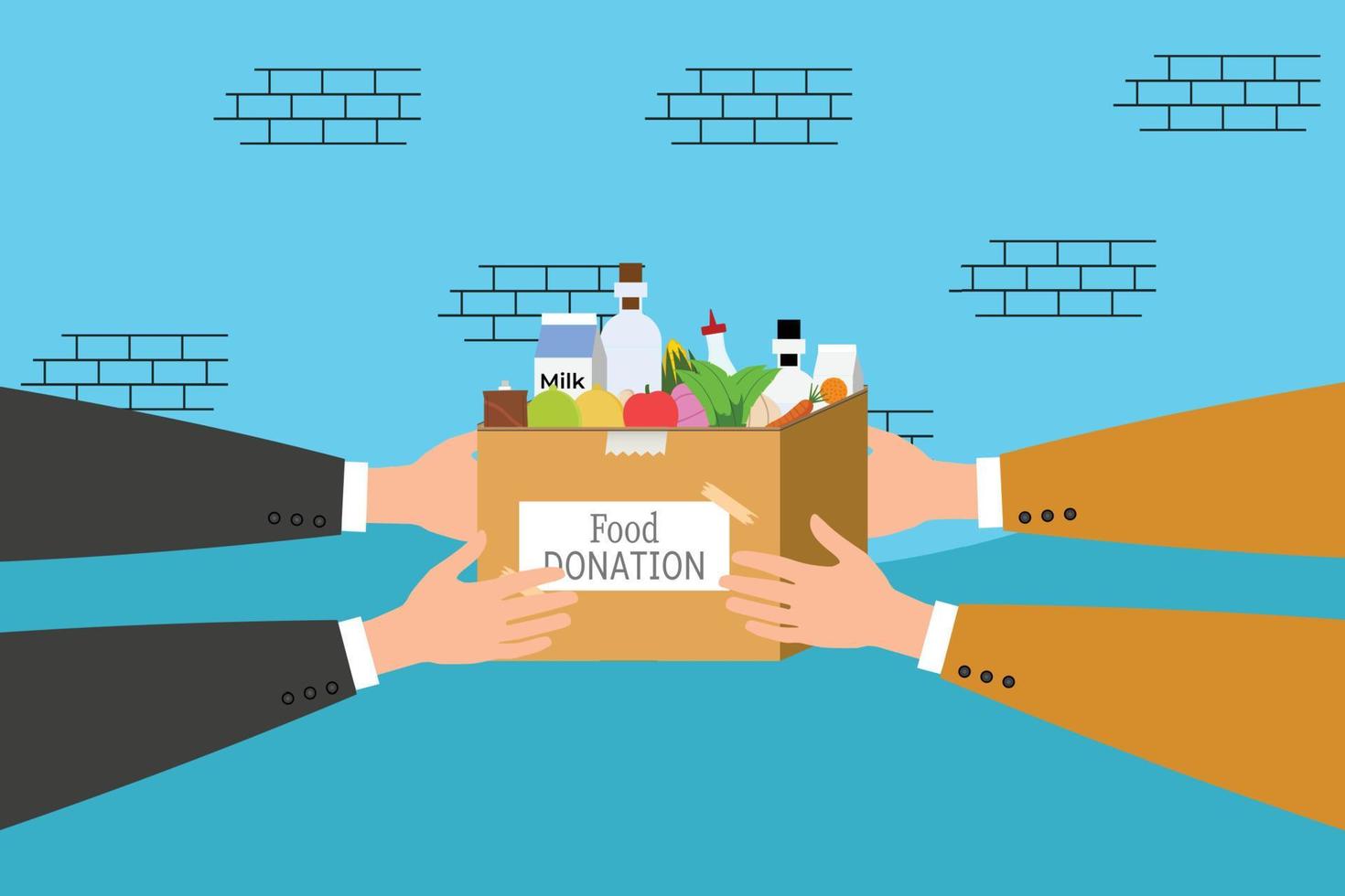 Food donation concept with two human hands. Man sharing food with a poor person, Brick background effect vector. Charity donation concept with a man sharing food with others illustration. vector