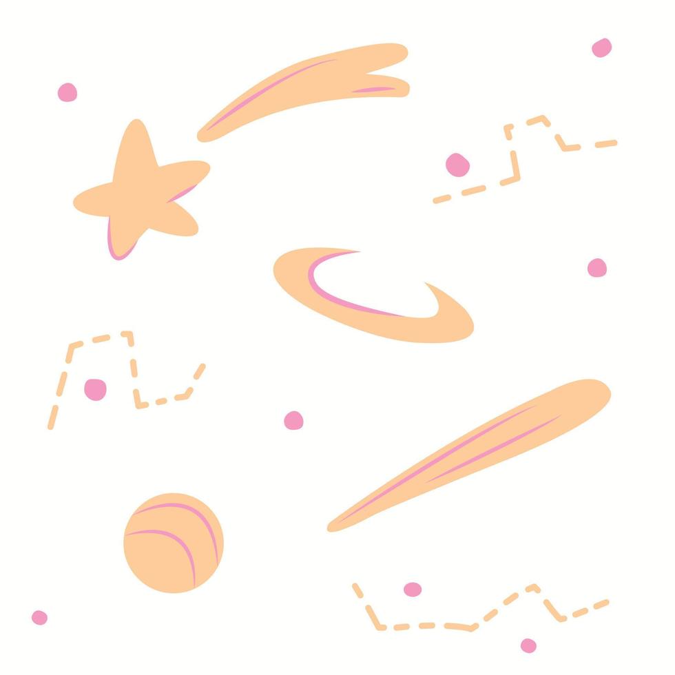 conjunto de símbolos de cosmos de melocotón estilo plano, ilustración vectorial aislado sobre fondo blanco. estrella, cometa y planeta, formas geométricas abstractas. lindos objetos diferentes vector