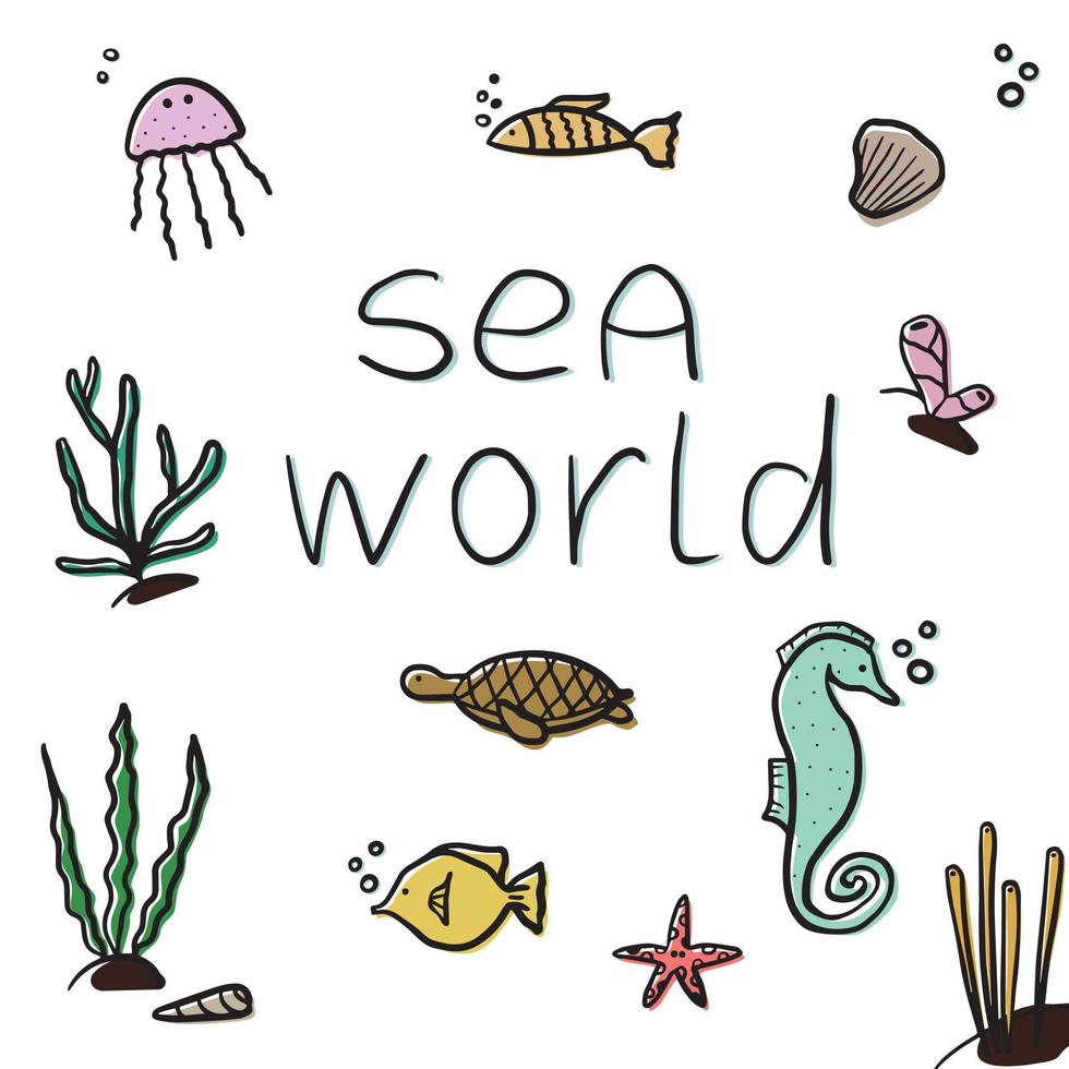 Set of underwater inhabitants doodle style, vector illustration isolated on  white background. Fishes, seaweeds, shells and words. Sea world concept,  black outline 7731663 Vector Art at Vecteezy