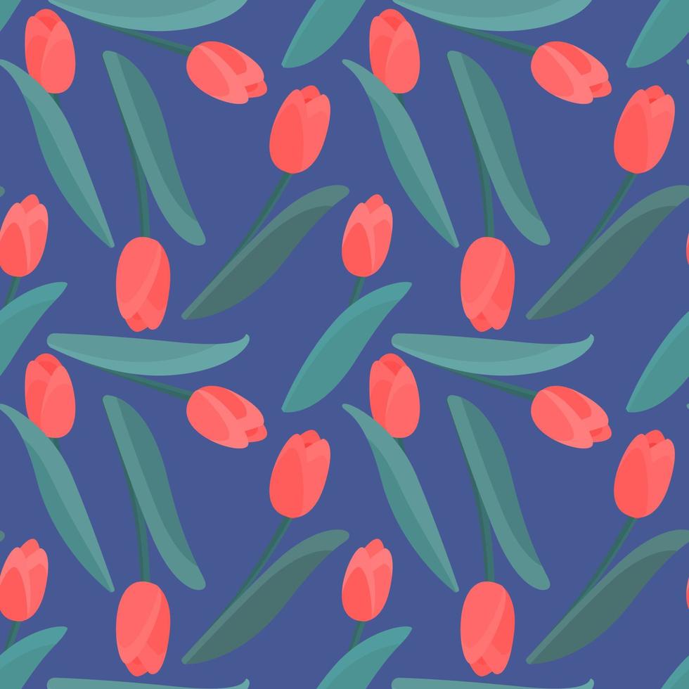 Colorful tulip flowers seamless pattern. Endless vector design for fabric and print on blue background.