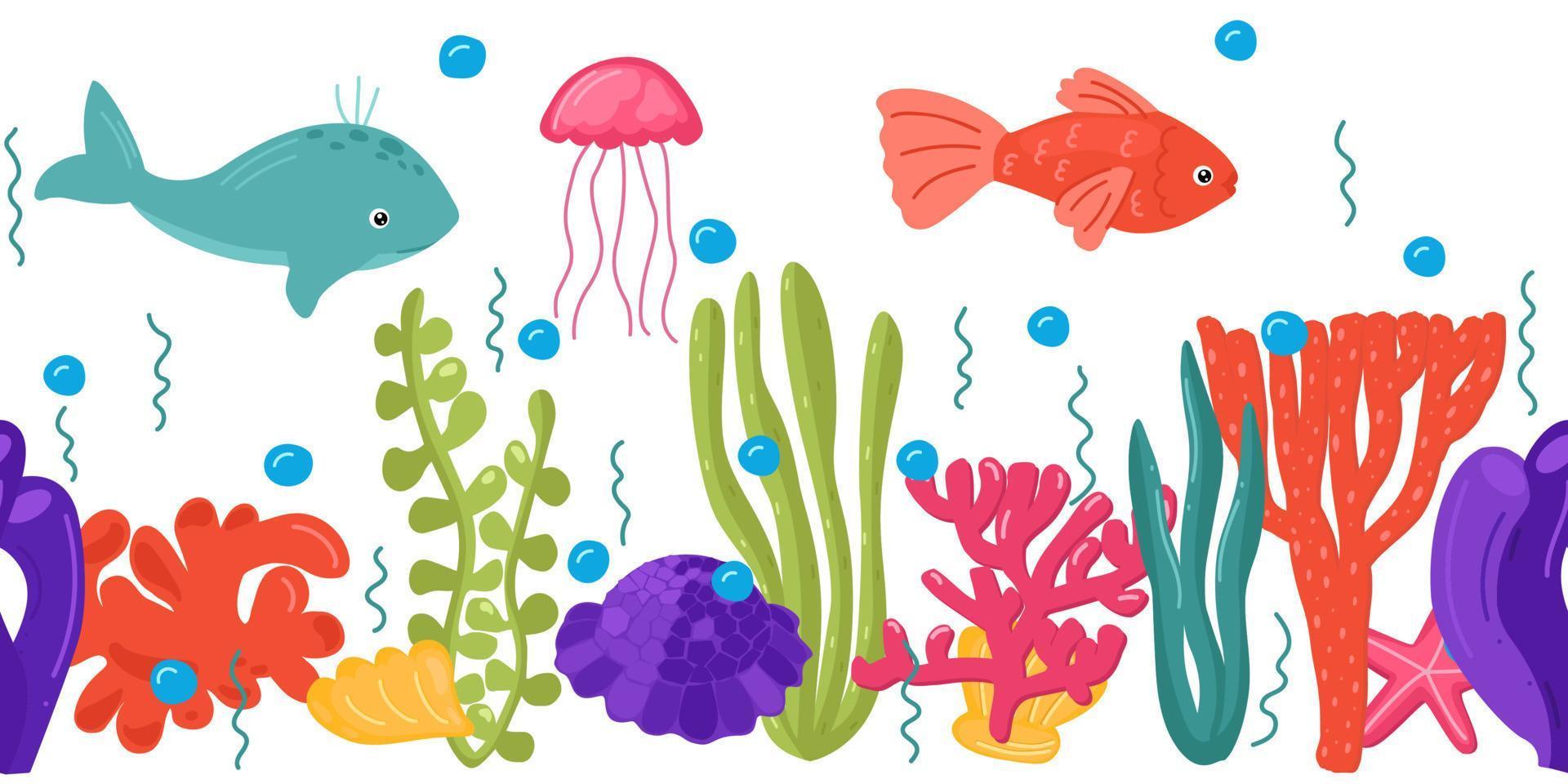 Vector illustration of seaweeds and sea animals. Underwater life seamless boarder. Isolated Marine Life on white background.