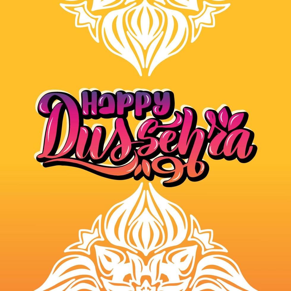 Beautiful lettering calligraphic inscription Happy Dussehra festival Indian ornament and gradient text with a shadow. Calligraphy on orange background. Vector stock illustration EPS 10