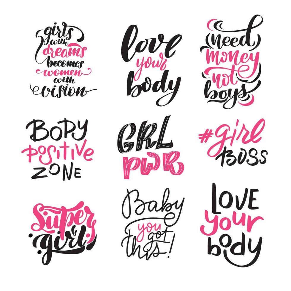 Girl power quotes set. Inspirational handwritten brush lettering. Vector calligraphy stock illustration isolated on white background. Typography for banners, badges, postcard, tshirt, prints.