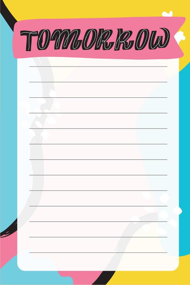Tomorrow. To do list with retro background and trendy lettering. Memphis style. Template for agenda, planners, check lists, and other stationery. Isolated. Vector stock illustration.