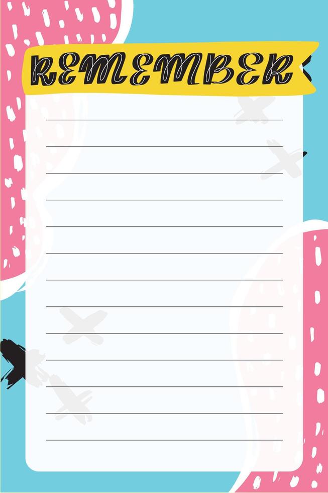 Remember. To do list with retro background and trendy lettering. Memphis style. Template for agenda, planners, check lists, and other stationery. Isolated. Vector stock illustration.