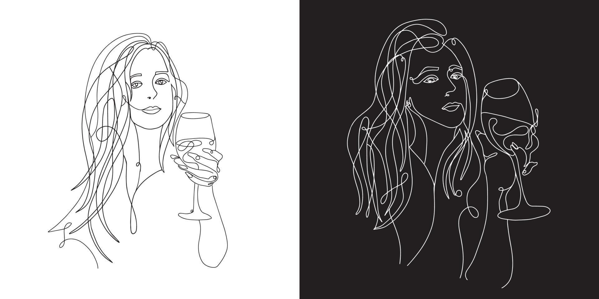 Woman with glass of wine set. Continuous line, one line, drawing of face and hairstyle, fashion concept, beauty minimalist, vector stock illustration for tshirt, slogan design print graphics style