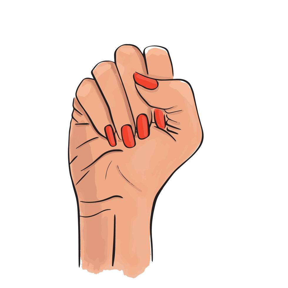 Female revolution, strike, protest. Girl white hand with clenched fist. Hand drawn vector stock illustration isolated on white background. Red nails. Women resist, feminism symbol.