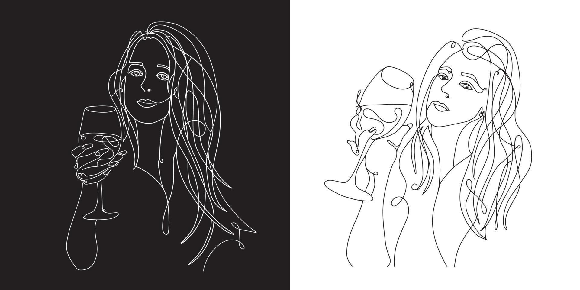 Woman with glass of wine set. Continuous line, one line, drawing of face and hairstyle, fashion concept, beauty minimalist, vector stock illustration for tshirt, slogan design print graphics style