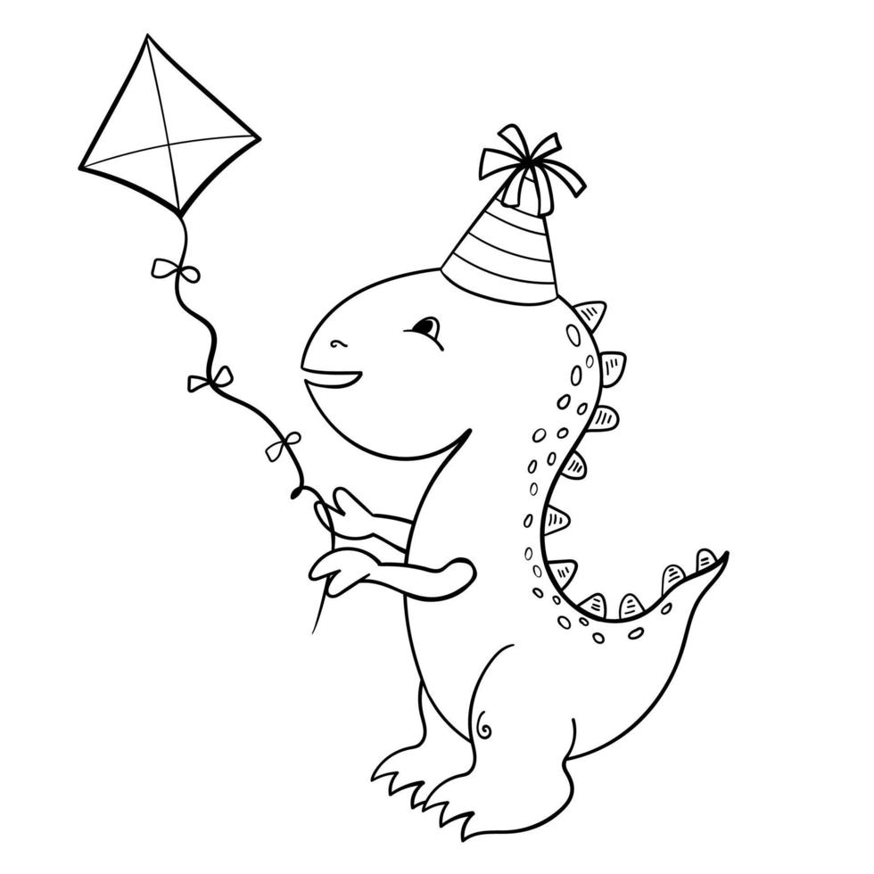 Baby dino playing flying a kite vector