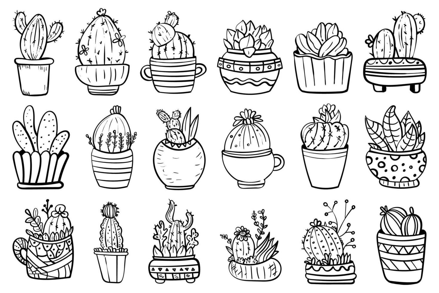 Set of elements with hand drawn cacti and succulents vector